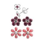 Sterling Silver Crystal Flower Stud Earring Set - Kids, Girl's, Pink
