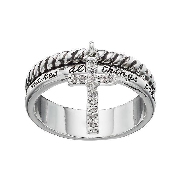 Love This Life Silver Plated Cubic Zirconia Faith Cross Charm Ring, Women's, Size: 6, Grey