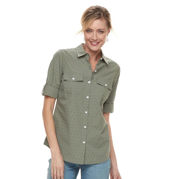 Women's Croft & Barrow&reg; Roll-tab Woven Shirt, Size: Large, Med Green