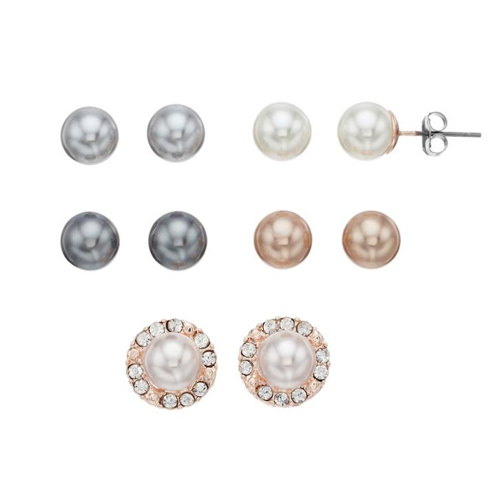 Simulated Pearl Nickel Free Stud Earring Set, Women's, Multicolor