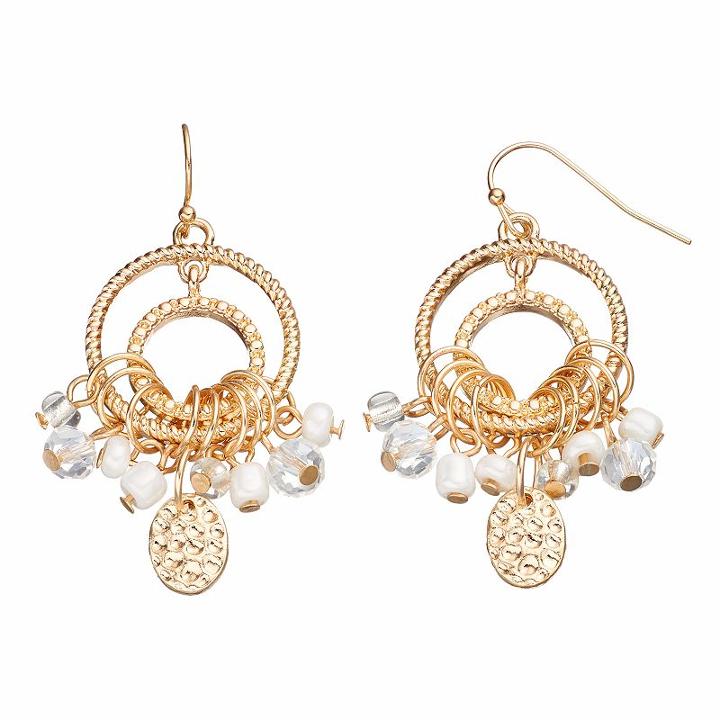 White Shaky Bead Cluster Nickel Free Drop Hoop Earrings, Women's
