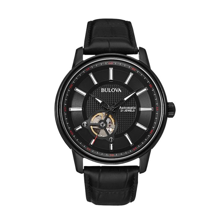Bulova Men's Leather Automatic Watch - 98a139, Black