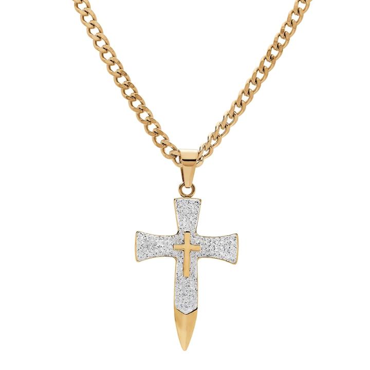 Gold Tone Crystal Cross Pendant Necklace, Men's, White
