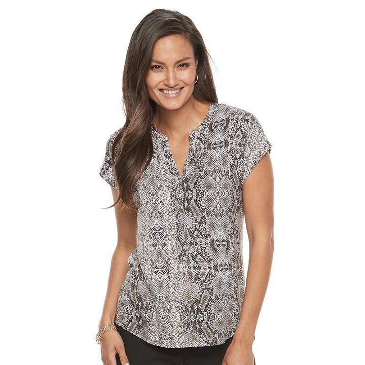 Petite Dana Buchman Printed Splitneck Top, Women's, Size: L Petite, Black