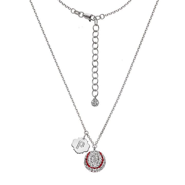 Pittsburgh Pirates Crystal Sterling Silver Baseball & Logo Charm Necklace, Women's, Size: 18, White