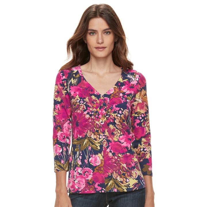 Women's Caribbean Joe Abstract 3/4 Sleeve Top, Size: Small, Dark Pink