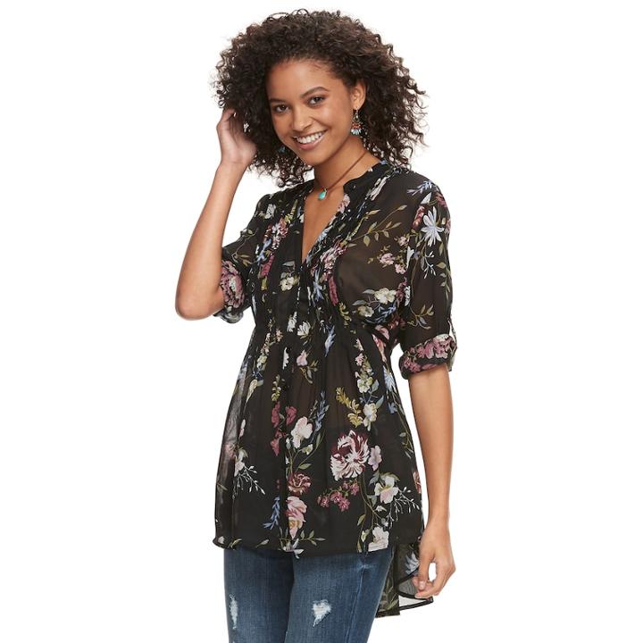 Juniors' American Rag Pintuck Floral Tunic, Size: Medium, Black