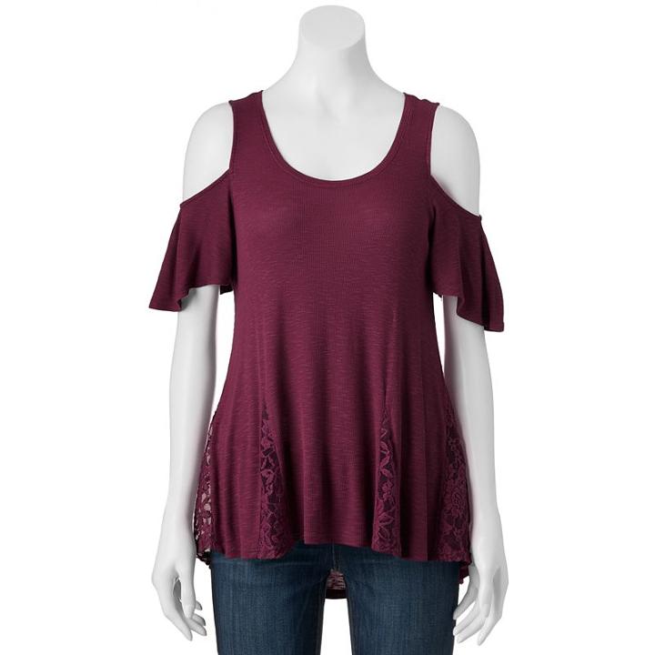 Juniors' Pink Republic Cold Shoulder Lace Swing Top, Girl's, Size: Small, Med Purple