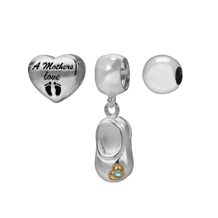 Individuality Beads 14k Gold Over Silver And Sterling Silver Mothers Love Heart Bead And Blue Crystal Bootie Charm Set, Women's