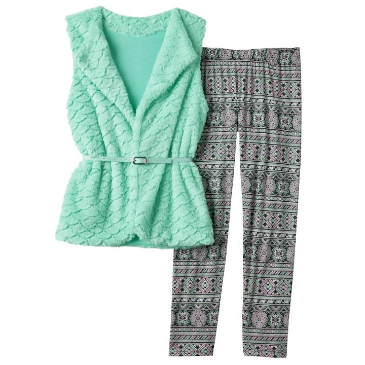 Girls 7-16 Knitworks Textured Scale Faux-fur Vest & Patterned Leggings Set, Size: Small, Green