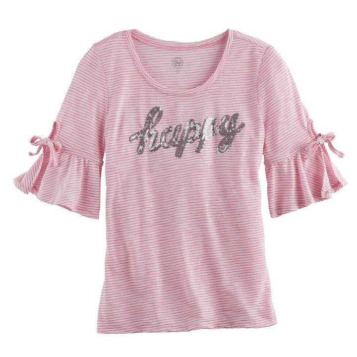 Girls 7-16 So&reg; 3/4-length Bell Sleeve Sequin Striped Tee, Size: 12, Brt Orange