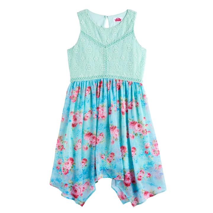 Disney D-signed Girls 7-16 Lace & Floral Sharkbite Hem Dress, Size: Xs, Lt Green