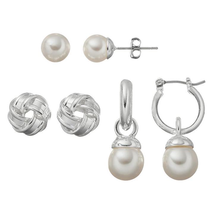 Simulated Pearl & Love Knot Earring Set, Women's, White