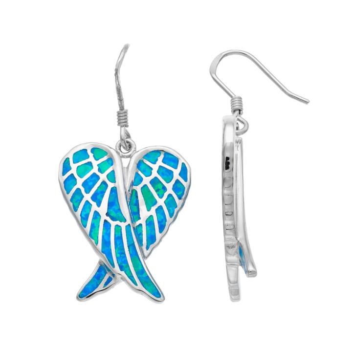 Sterling Silver Lab-created Blue Opal Angel Wing Drop Earrings, Women's