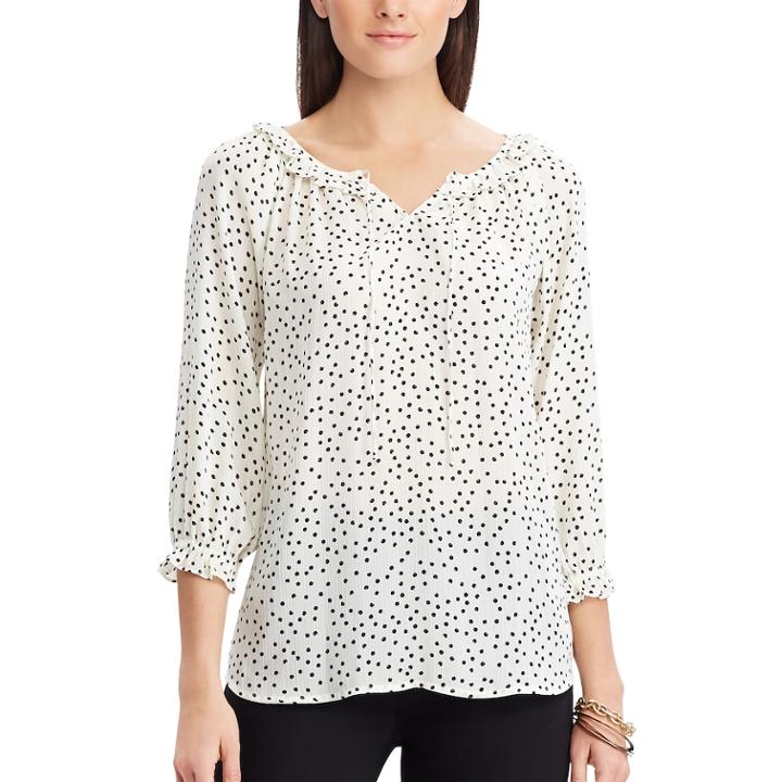Women's Chaps Dot Ruffle-trim Splitneck Top, Size: Medium, Natural