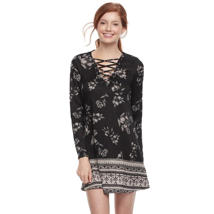 Juniors' About A Girl Print Lace-up Swing Dress, Size: Xl, Black