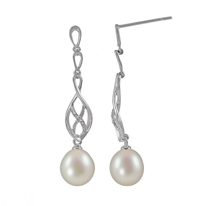 14k White Gold Freshwater Cultured Pearl And Diamond Accent Twist Drop Earrings, Women's