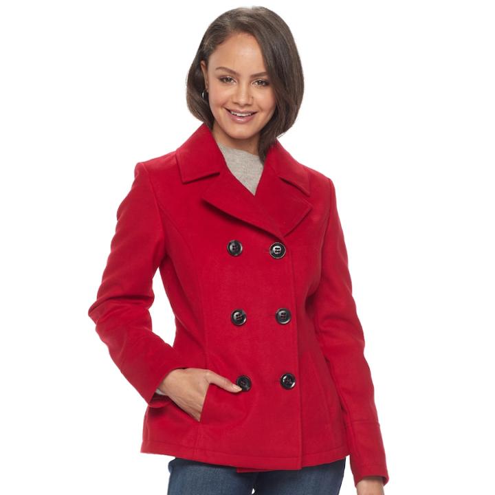 Juniors' Pink Envelope Double-breasted Peacoat, Teens, Size: Medium, Red