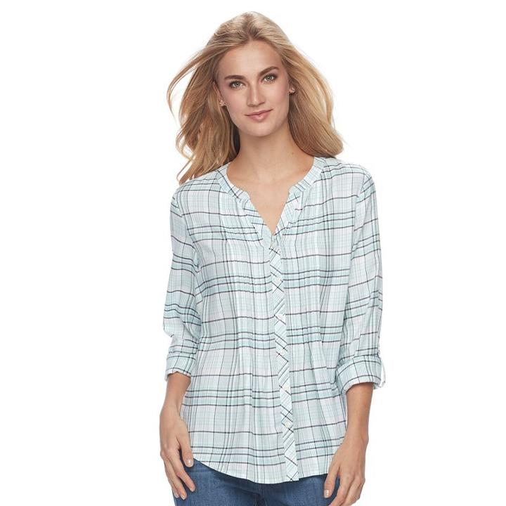 Women's Croft & Barrow&reg; Plaid Pintuck Shirt, Size: Xl, Blue