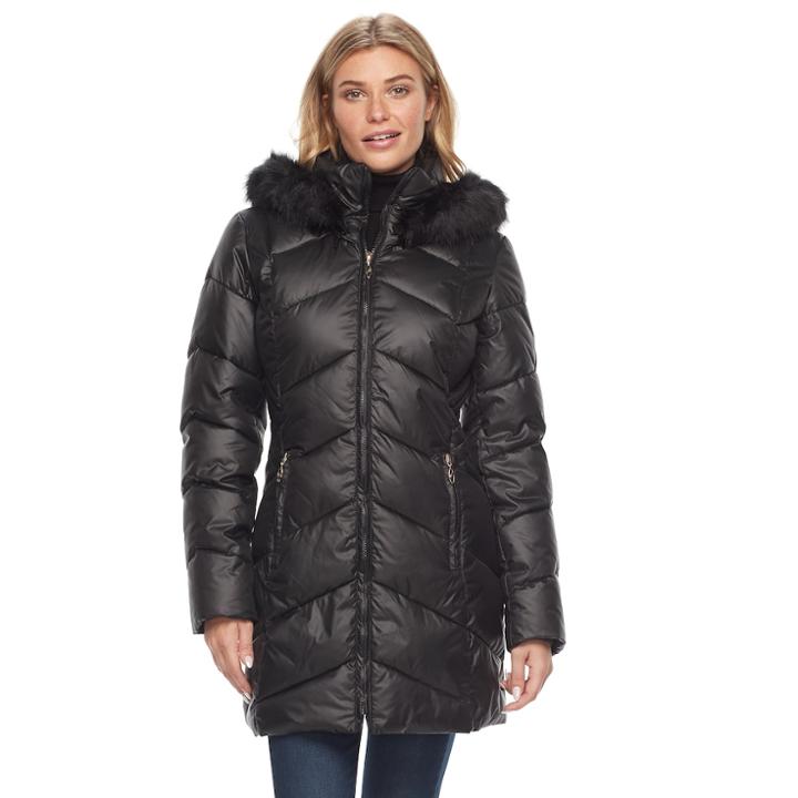 Women's Gallery Hooded Faux-fur Trim Puffer Jacket, Size: Xl, Black