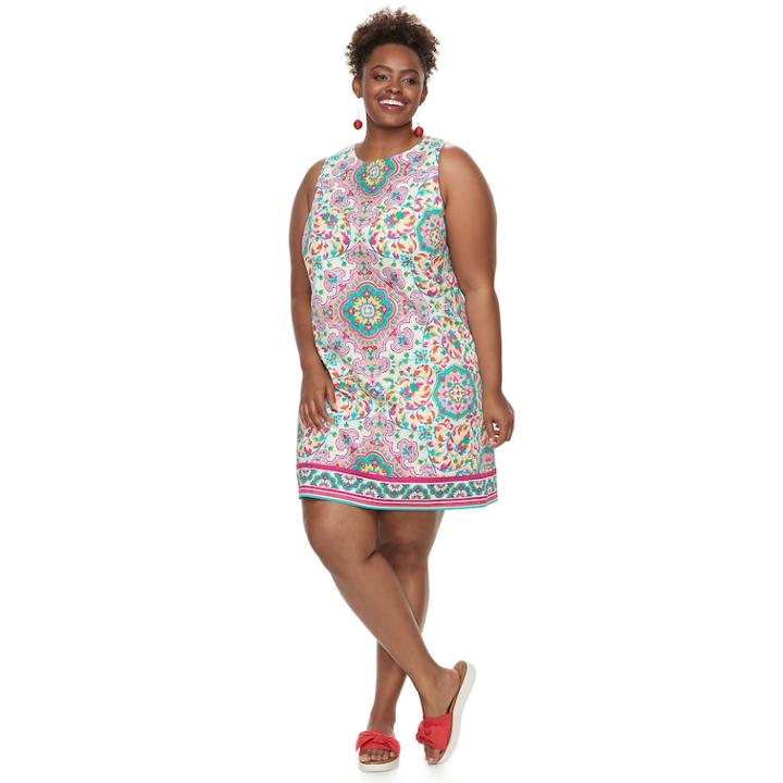 Plus Size Suite 7 Print Shift Dress, Women's, Size: 16 W, Pink Turquoise