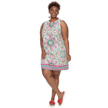 Plus Size Suite 7 Print Shift Dress, Women's, Size: 16 W, Pink Turquoise
