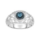 1/3 Carat T.w. Blue Diamond Sterling Silver Halo Filigree Ring, Women's, Size: 8