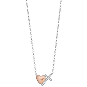 Close At Heart Two Tone Sterling Silver Cubic Zirconia Heart Cross Necklace, Women's