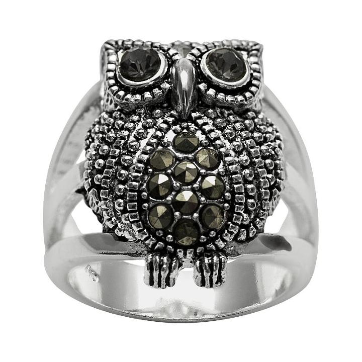 Silver Plated Crystal & Marcasite Owl Ring, Women's, Size: 8, Grey