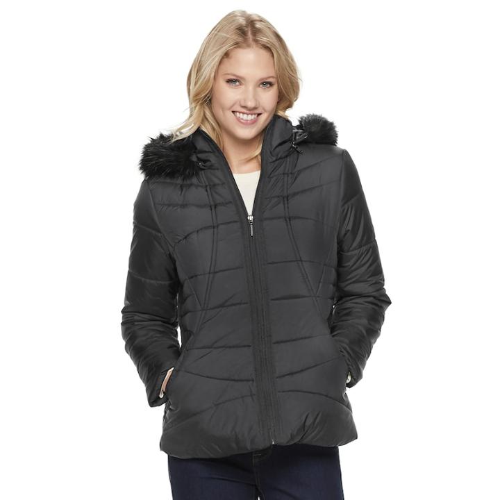Women's Weathercast Hooded Puffer Jacket, Size: Xl, Black