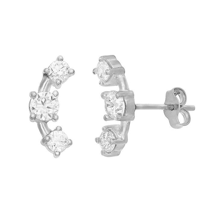 Cubic Zirconia Sterling Silver Half-moon Stud Earrings, Women's, White
