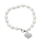 Sterling Silver Freshwater Cultured Pearl And Crystal Heart Charm Bracelet, Women's, Size: 7.5, White