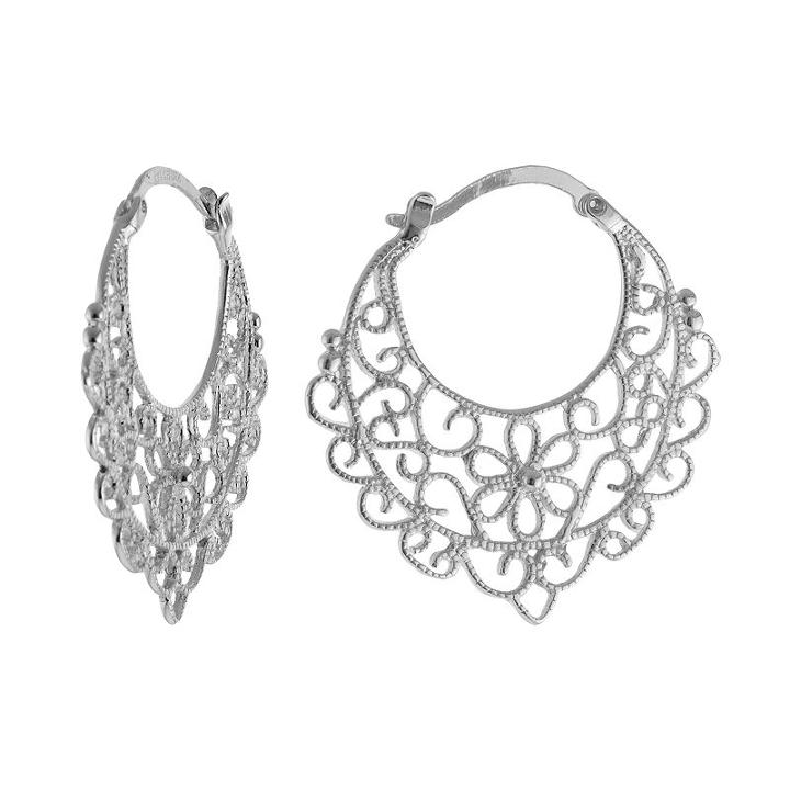Silver Plated Flower Filigree Hoop Earrings, Women's, Grey