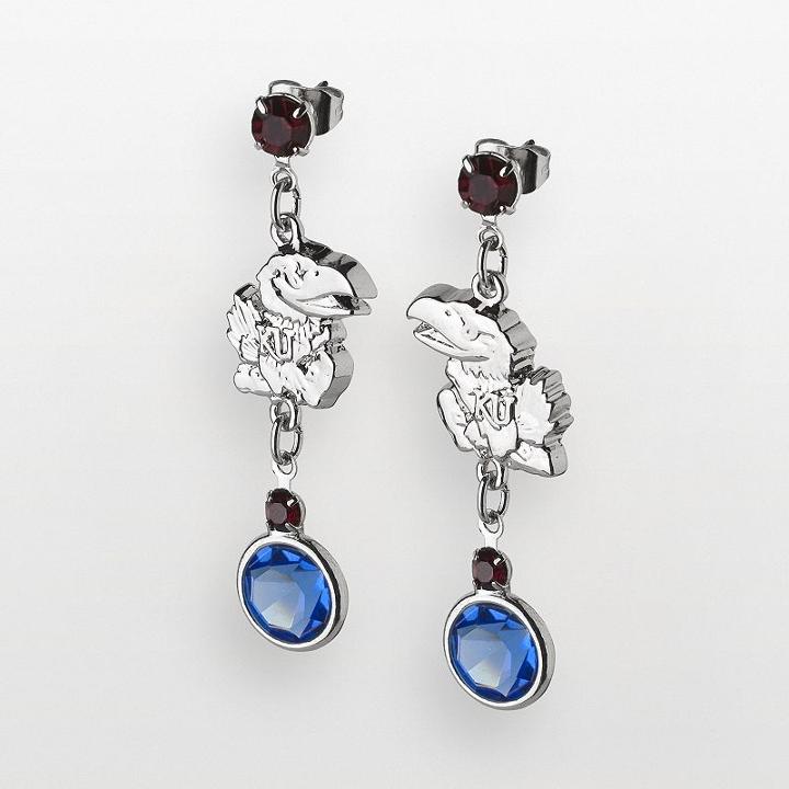 Kansas Jayhawks Silver Tone Crystal Logo Linear Drop Earrings, Women's, Multicolor