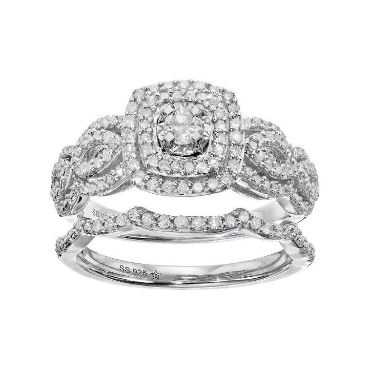 Sterling Silver 3/8 Carat T.w. Diamond Cushion Halo Engagement Ring Set, Women's, Size: 7, White