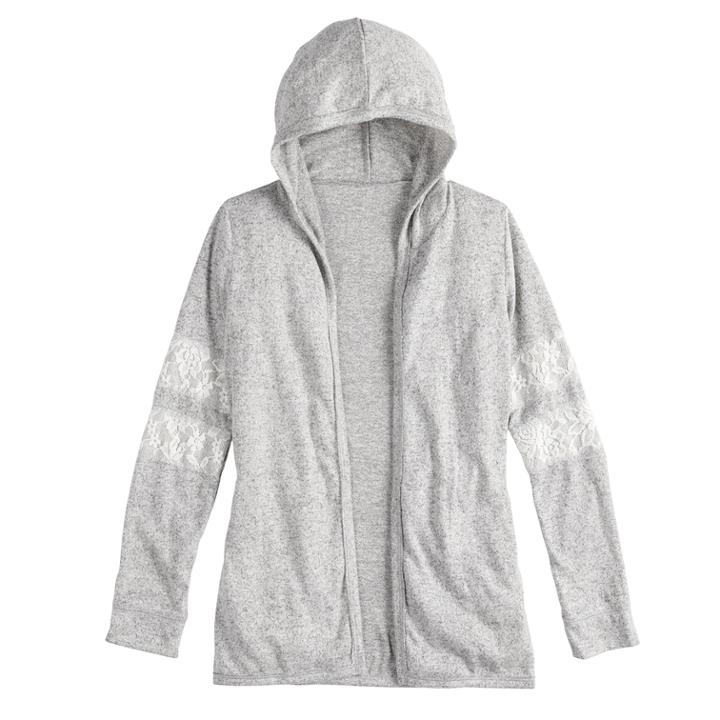 Girls 7-16 & Plus Size So&reg; Lace-stripe Hooded Cardigan, Size: 14, Dark Grey