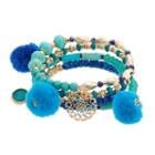 Blue Pom Pom Beaded Stretch Bracelet Set, Women's, Multicolor