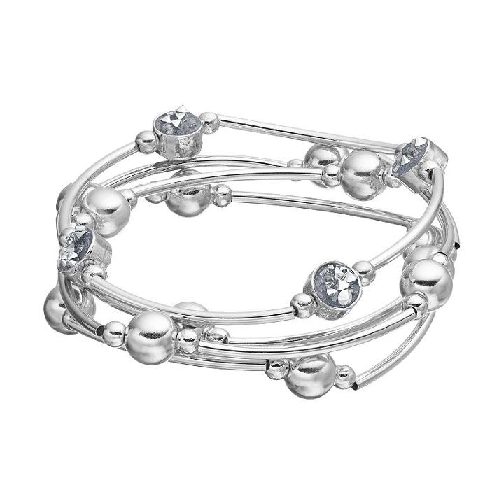 Beaded Curved Tube Stretch Bracelet Set, Women's, Silver