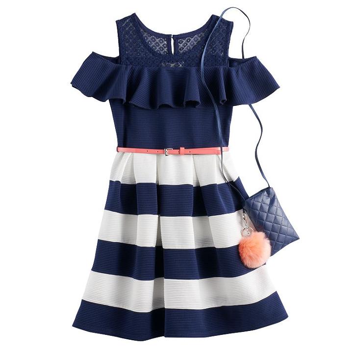 Girls 7-16 Knit Works Cold-shoulder Textured Skater Dress With Crossbody Purse, Girl's, Size: 10, Blue (navy)