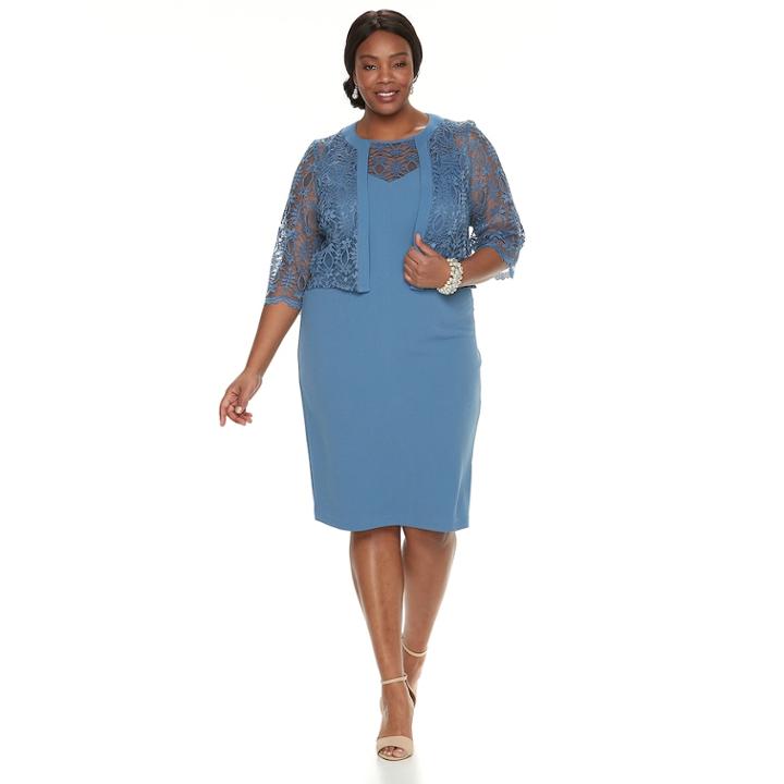Plus Size Maya Brooke Lace Dress & Jacket Set, Women's, Size: 16 W, Med Blue