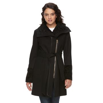 Women's Lnr Fashion Styles Wool-blend Faux-fur Trim Asymmetrical Jacket, Size: Large, Black