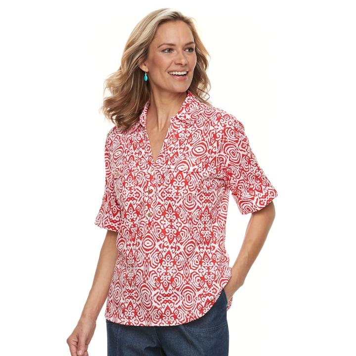 Women's Cathy Daniels Scroll Henley Top, Size: Large, Light Red