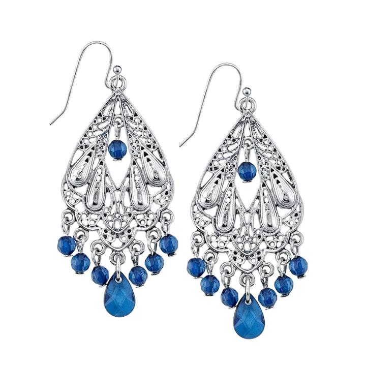 1928 Blue Bead Chandelier Drop Earrings, Women's
