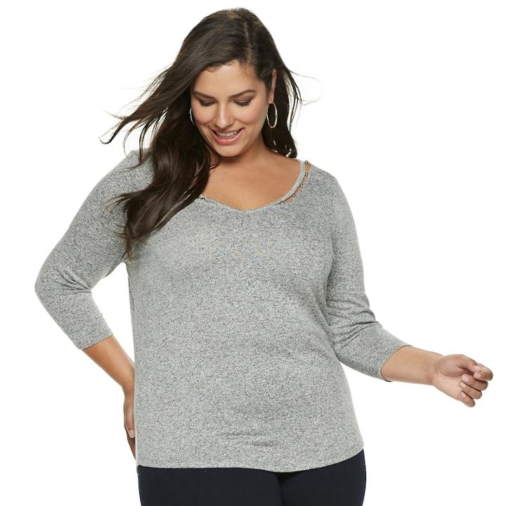 Plus Size Jennifer Lopez Beaded-inset V-neck Top, Women's, Size: 2xl, White
