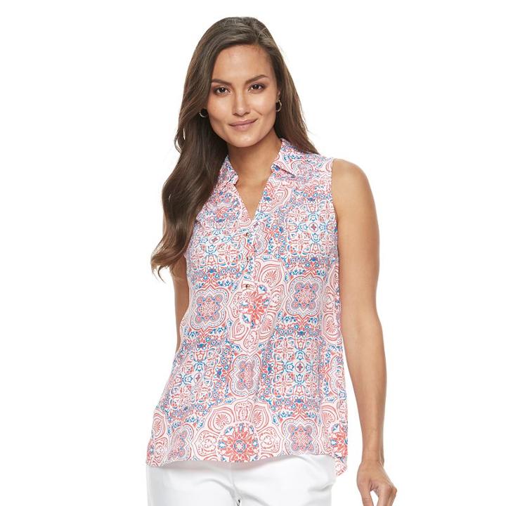 Women's Dana Buchman Printed Smocked Crepe Blouse, Size: Small, White