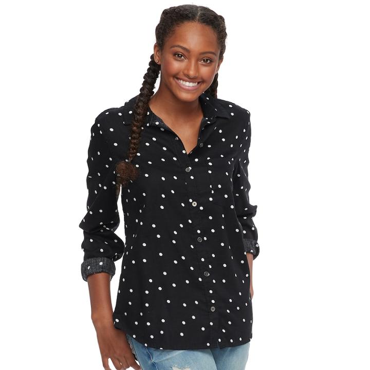 Juniors' So&reg; Plaid Button Down Shirt, Size: Large, Black