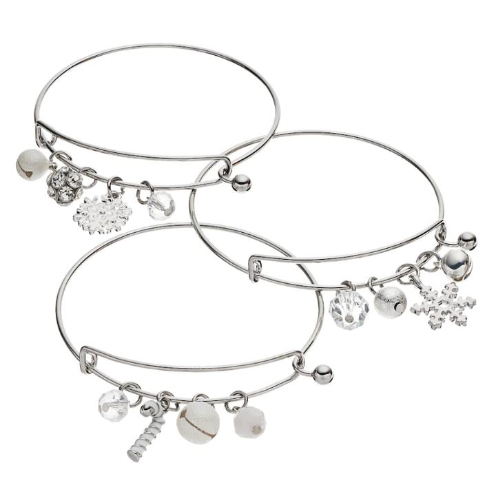 Jingle Bell, Candy Cane & Snowflake Charm Bangle Bracelet Set, Women's, White