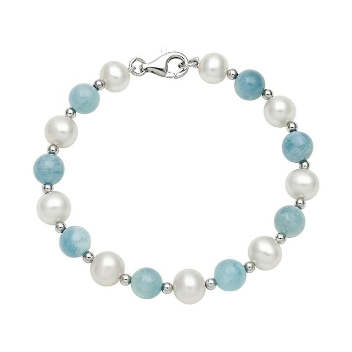 Sterling Silver Freshwater Cultured Pearl And Aquamarine Bead Bracelet, Women's, Size: 7.50, Blue