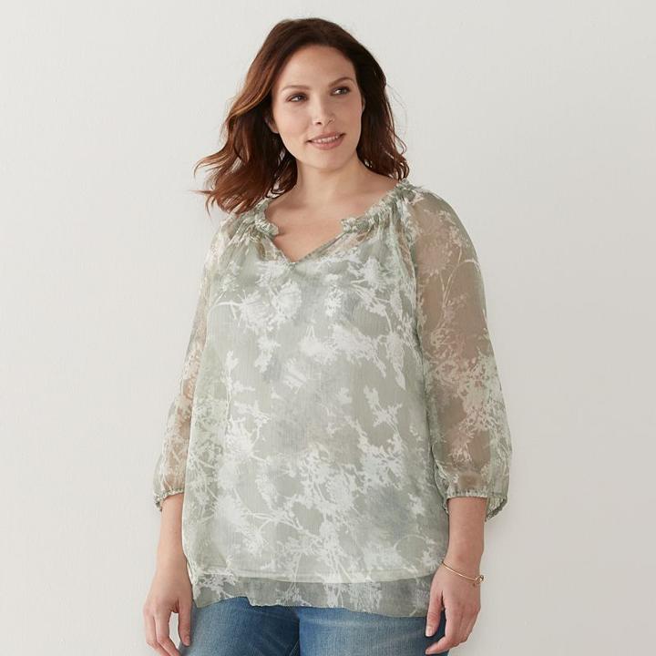 Plus Size Sonoma Goods For Life&trade; Printed Chiffon Popover Peasant Top, Women's, Size: 3xl, Green