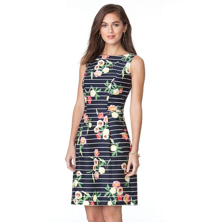 Women's Chaps Striped & Floral Fit & Flare Sateen Dress, Size: 6, Blue (navy)